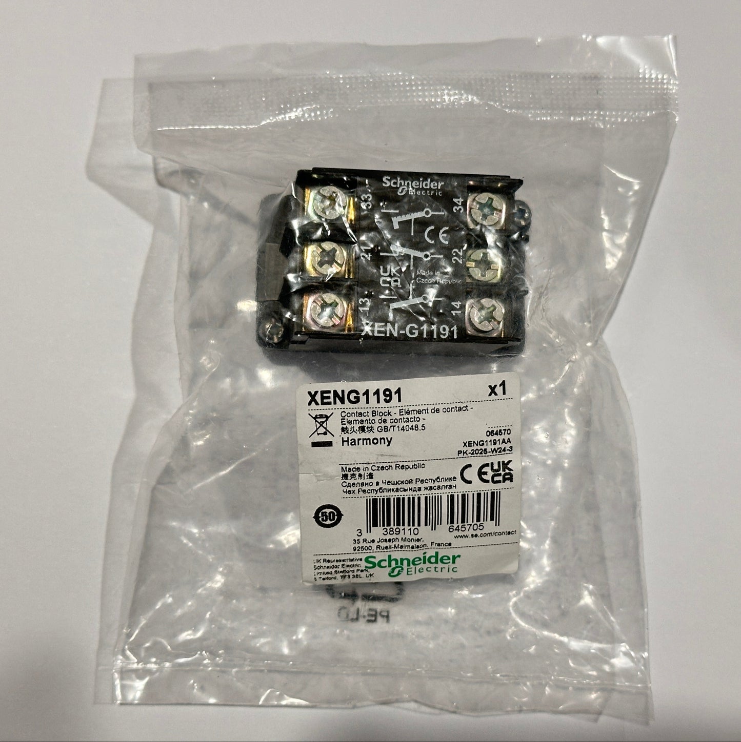 Schneider Double Pressure Contact Block XENG1191 - Sold in Quantity of 6x Contact Blocks