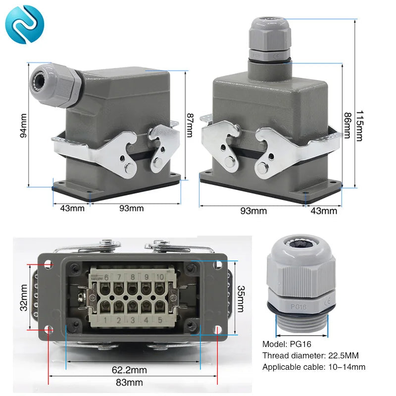 Heavy Duty Metal Locking Connectors - 4 6 10 16 20 24 32 48 Pin - 16A Rated
