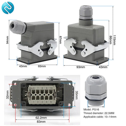Heavy Duty Metal Locking Connectors - 4 6 10 16 20 24 32 48 Pin - 16A Rated